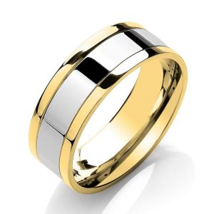 Flat Court Two Colour with Parallel Groove Wedding Band yellow gold and white gold