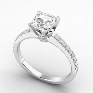 asscher cut diamond shoulder engagement ring in white gold and platinum