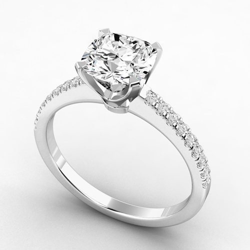 cushion cut diamond shoulder engagement ring in white gold and platinum