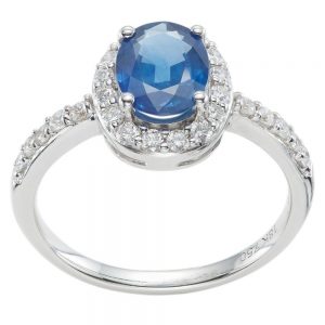 Diamond Sapphire Halo shoulder engagement ring