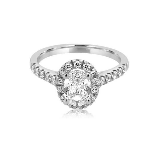 White Gold or Platinum diamond oval halo engagement ring flat