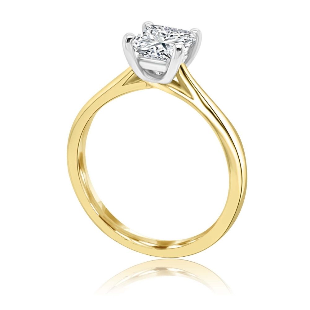 Gold princess cut 4 claw engagement Ring