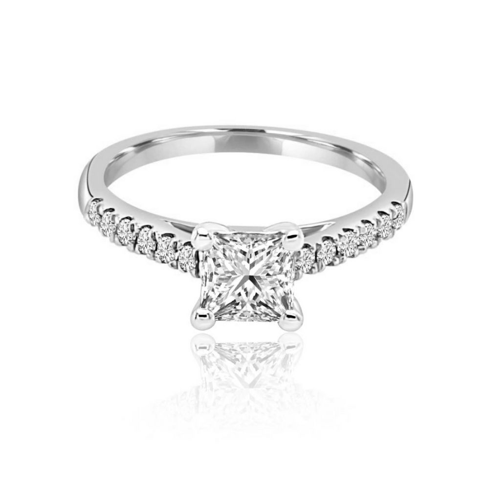 White Gold princess cut 4 Claw diamond shoulder bridge Engagement Ring white gold Claw flat