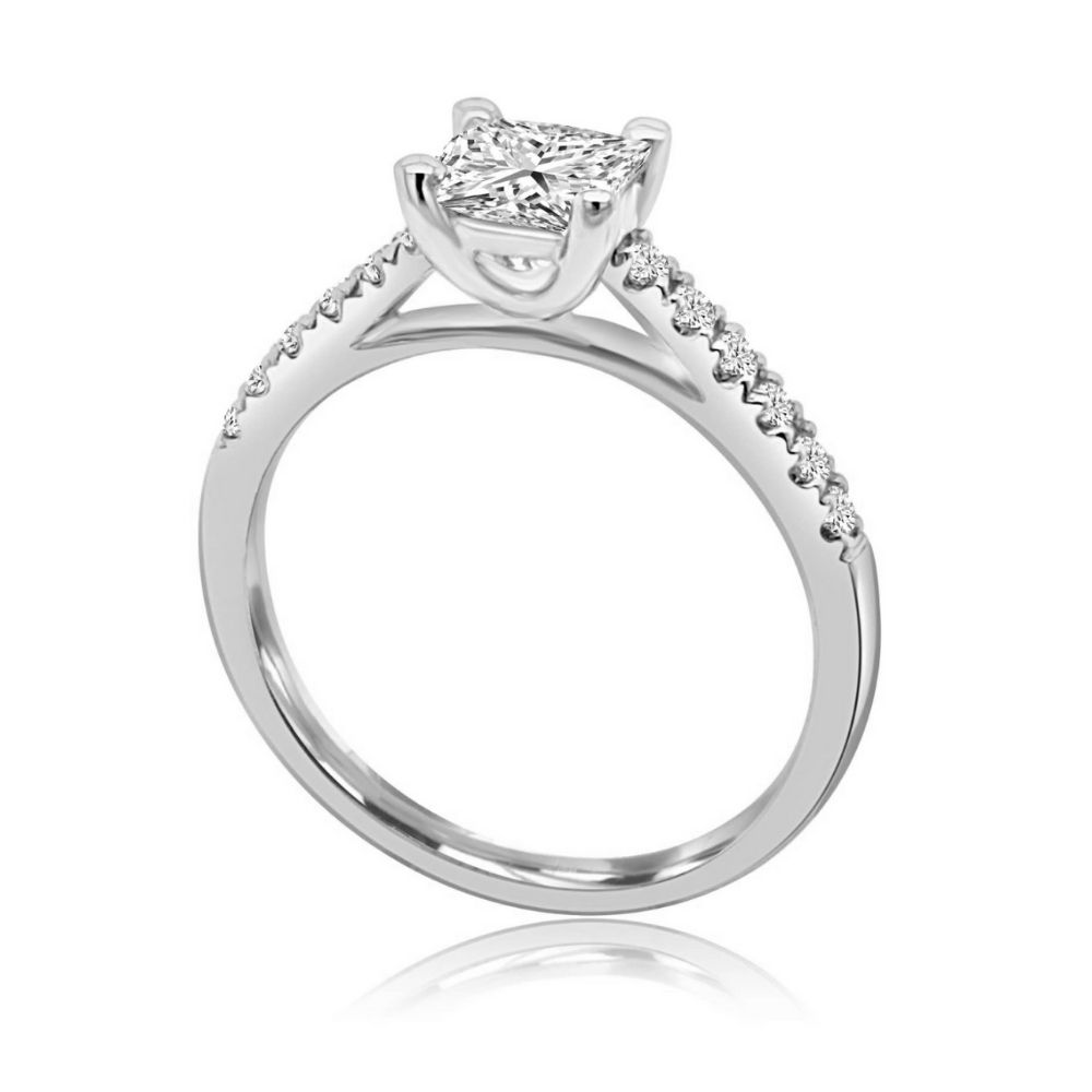 White Gold princess cut 4 Claw diamond shoulder bridge Engagement Ring white gold Claw