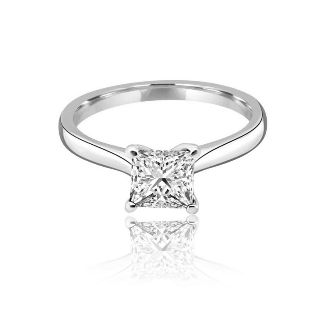 White Gold princess cut diamond solitaire Engagement Ring white gold Claw flat