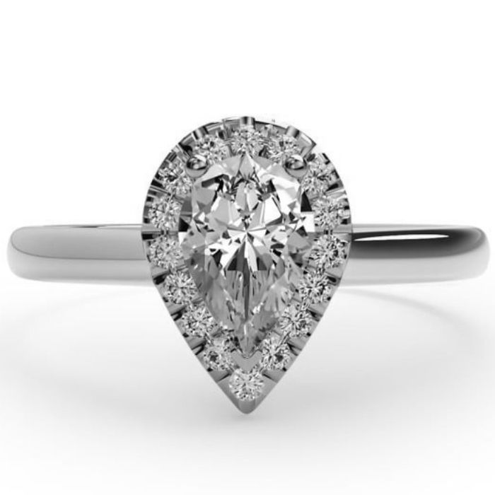 diamond-pear-halo-set-eng-ring in platinum top view
