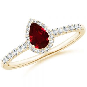 Ruby pear shape halo engagement ring