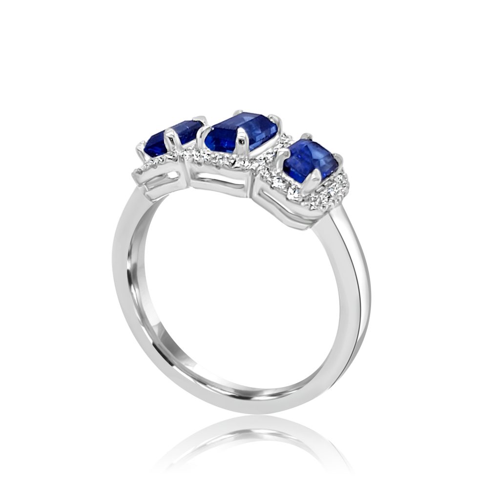 1.66ct Triple Sapphire trilogy engagement ring with microset diamonds