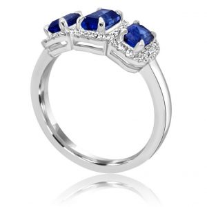 1.66ct Triple Sapphire trilogy engagement ring with microset diamonds