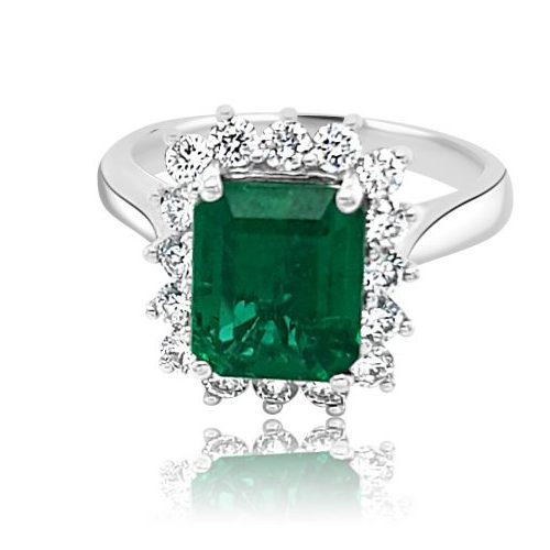 18kt W:G EMERald CUT EMERALD engagement ring & ROUND DIAMond CLUSTER RING E 2.06ct D 0.56 flat
