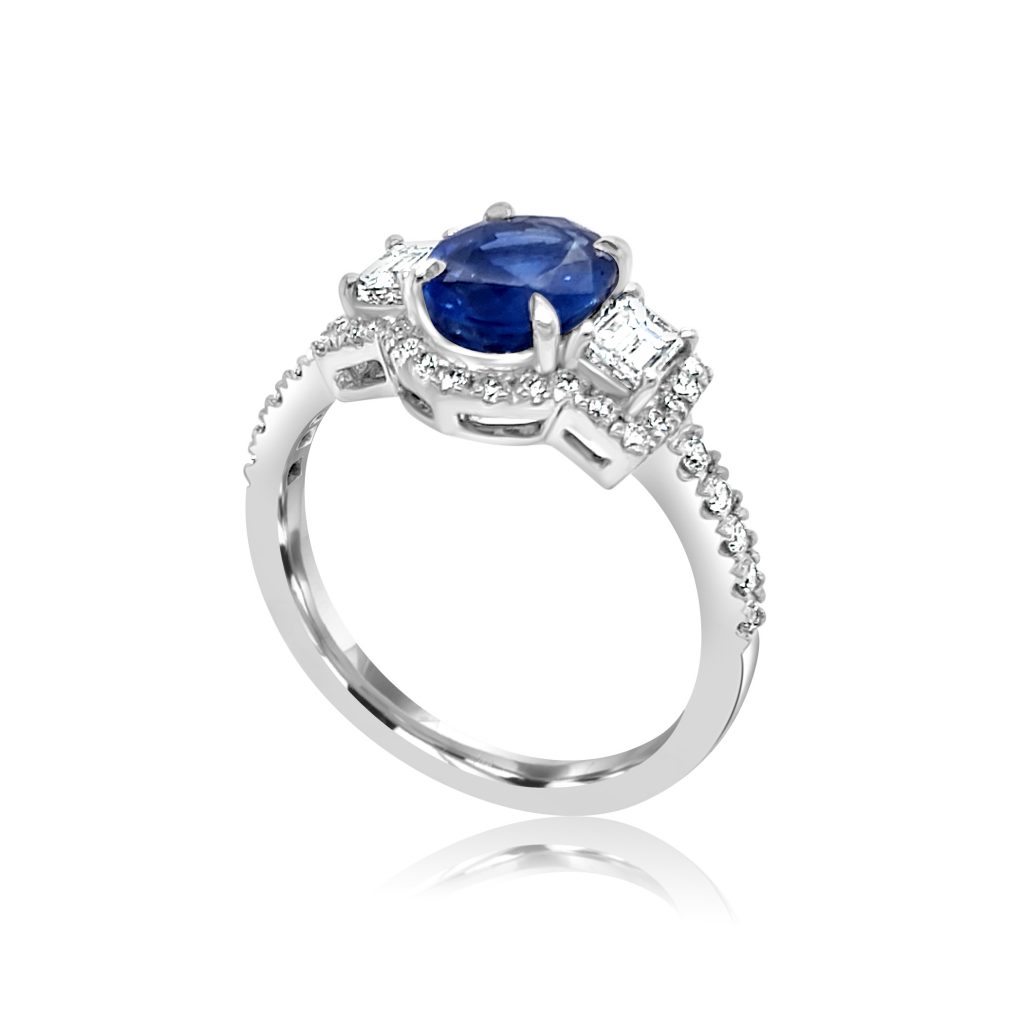 Oval Sapphire 1.66ct with Baguettes and microset shoulders engagement ring
