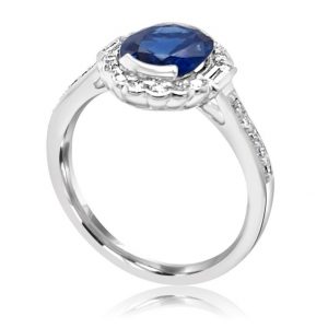 Oval Sapphire with brillinat cut and baguette halo engagement ring