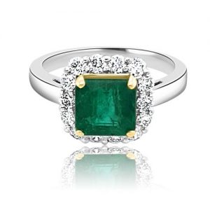 PLATINUM and 18KT YG OCTAGON EMERALD engagement ring and ROUND BRILLIANT CUT DIAMOND CLUSTER RING in hatton garden flat