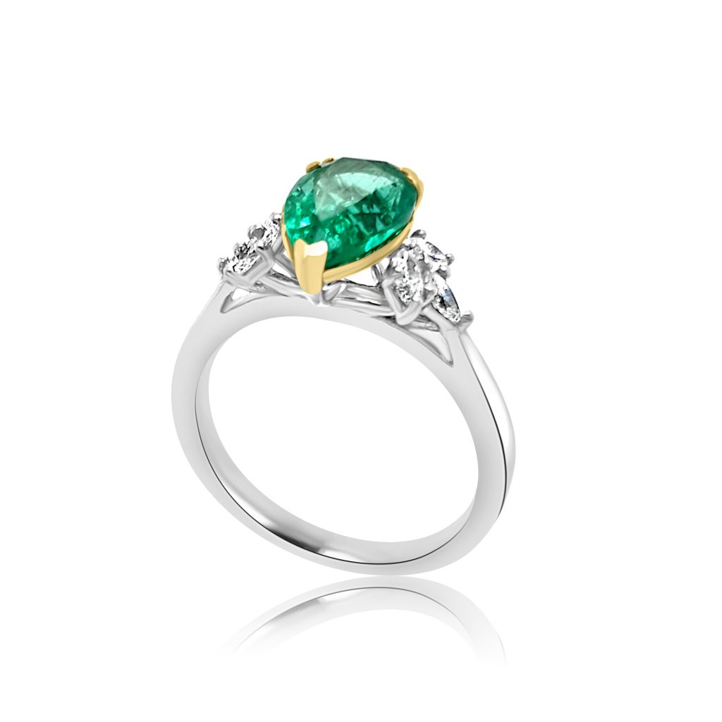 PLATINUM and 18KT YG PEAR SHAPE EMERALD & MARQUISE DIAMOND TREFOIL SHOULDER emerald engagement RING EM.1.75CT