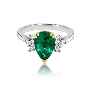 PLATINUM and 18KT YG PEAR SHAPE EMERALD & MARQUISE DIAMOND TREFOIL SHOULDER emerald engagement RING EM.1.75CT flat