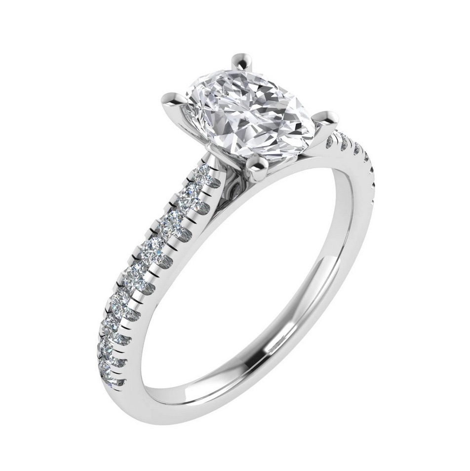 Micro pave diamond band engagement ring with double claw