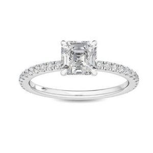 asscher cut diamond mircro pave Lab grown diamond engagement ring yellow gold side view