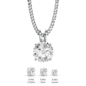 Diamond pendant hanging from chain with a illustation of diamond sizes