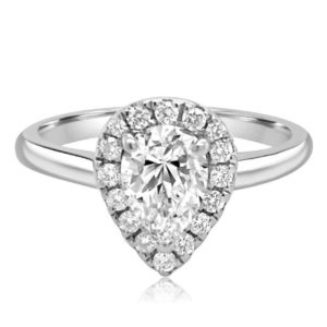 Platinum Gold pearshape diamond halo engagement ring top view