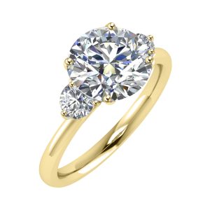 Yellow Gold diamond Trilogy engagement ring with small round stones on the outsides