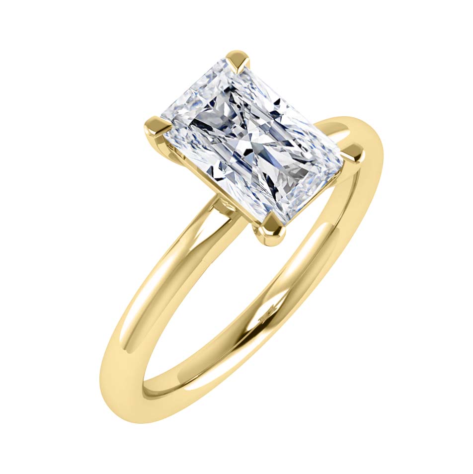 Radiant Cut diamond Engagement ring prong set solitaire yellow gold 16