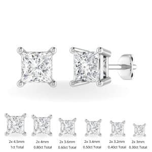 Princess Cut Lab grown earrings with size comparrisons