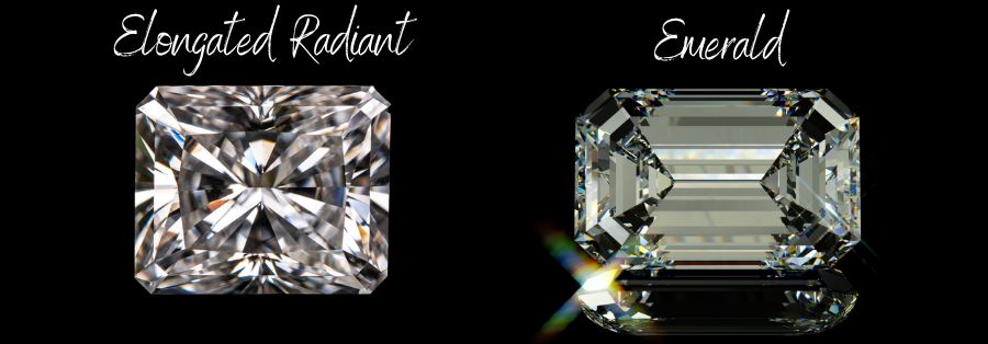 image comparing the shape of a elongated radiant cut diamond and an elongated emerald cut diamond