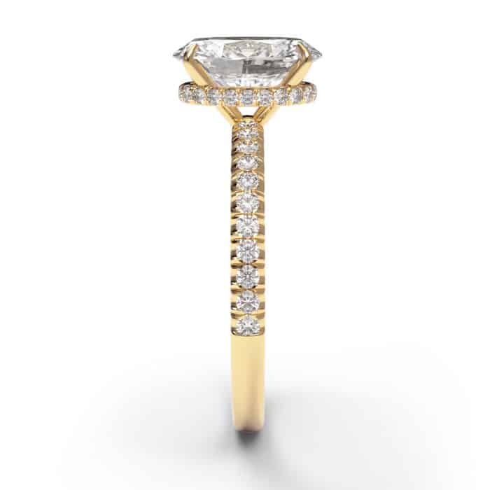 Oval cut hidden halo diamond microset pave engagement ring in yellow gold &#8211; side view