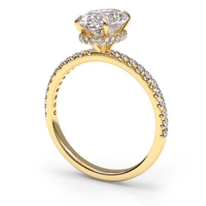 Oval cut hidden halo diamond microset pave engagement ring in yellow gold