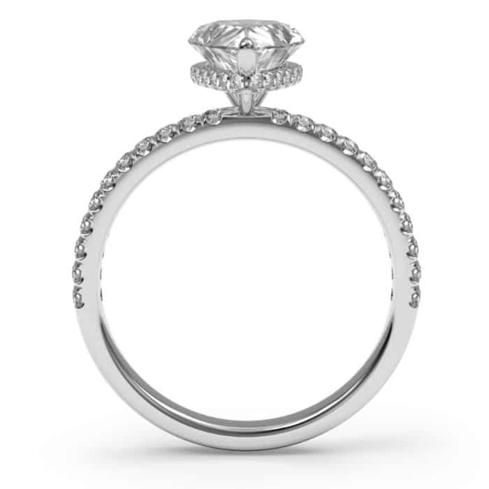front view of a pear cut diamond shoulder engagement ring in platinum