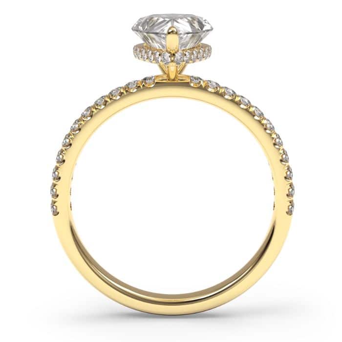 front view of a pear cut diamond shoulder engagement ring in yellow gold metal