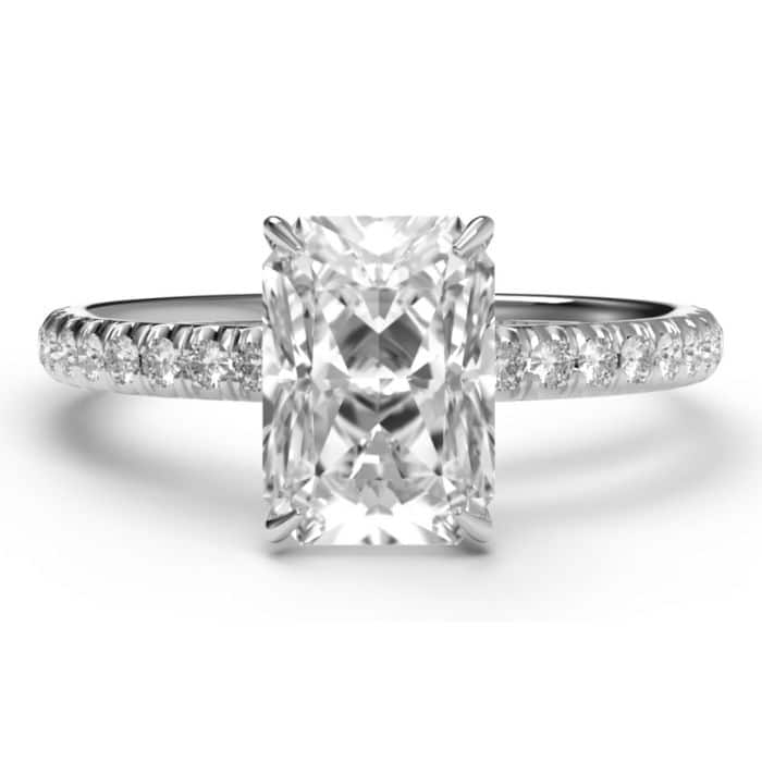 Radiant cut hidden halo diamond microset pave engagement ring in platinum - birds eye view