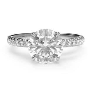 Round brilliant cut hidden halo diamond microset pave engagement ring in platinum – birds eye view