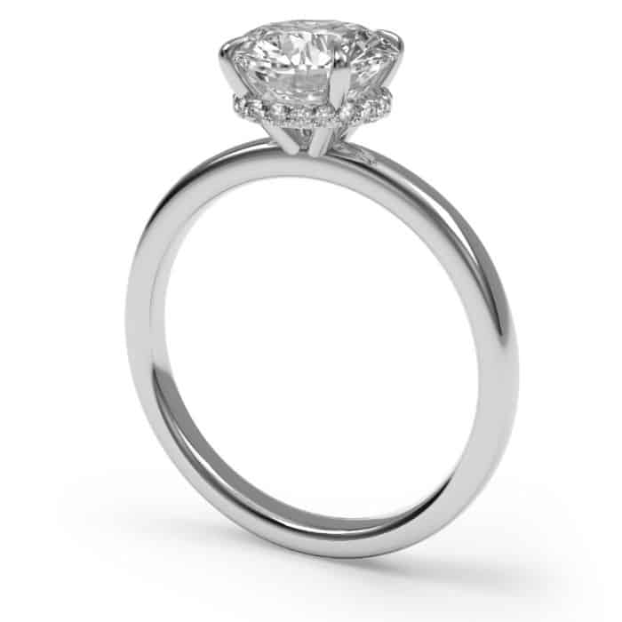 Round brilliant cut hidden halo diamond solitaire engagement ring in platinum