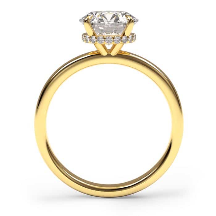 Round brilliant cut hidden halo diamond solitaire engagement ring in yellow gold front view