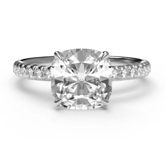 cushion cut hidden halo diamond microset pave engagement ring in platinum - top view