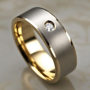 Mens single stone brushed finish wedding ring gold and platinum