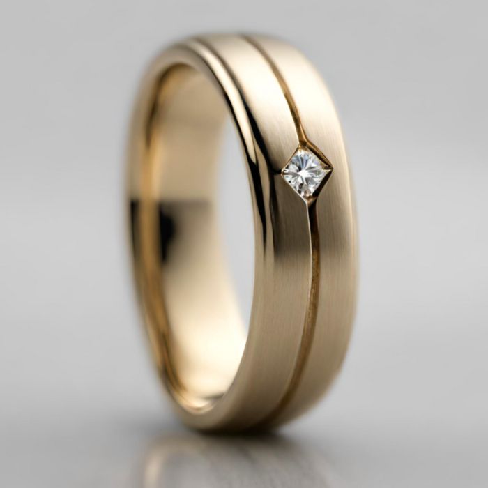 Mens yellow gold single diamond wedding band with a brushed finish and score line
