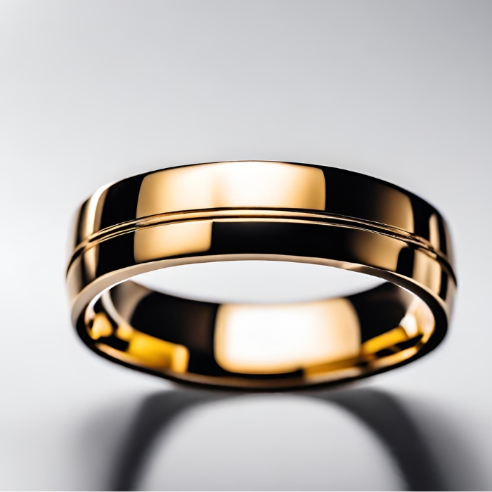 Mens yellow gold wedding band with line in the middle