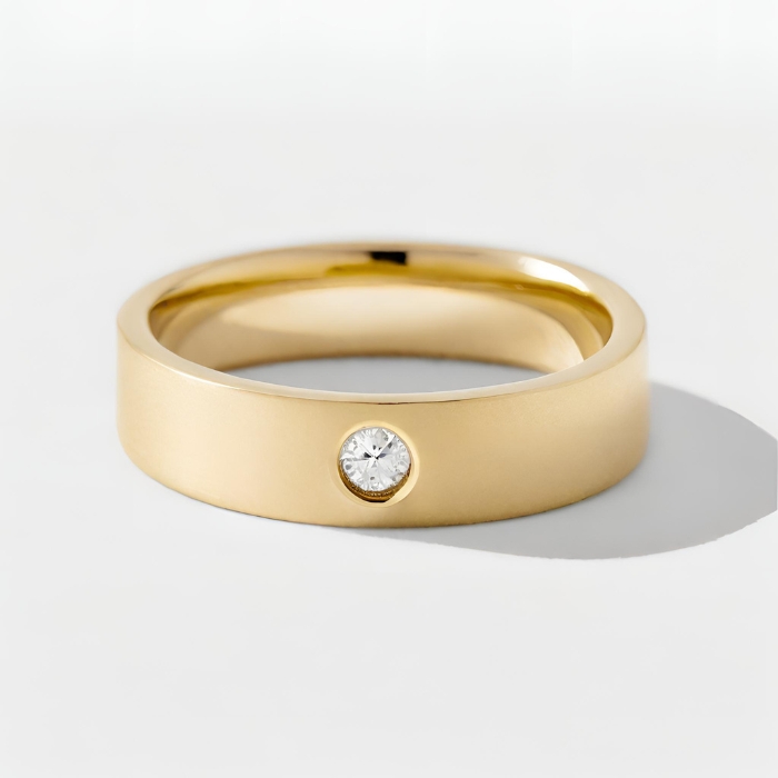 gents brushed yellow gold wedding band with single diamond