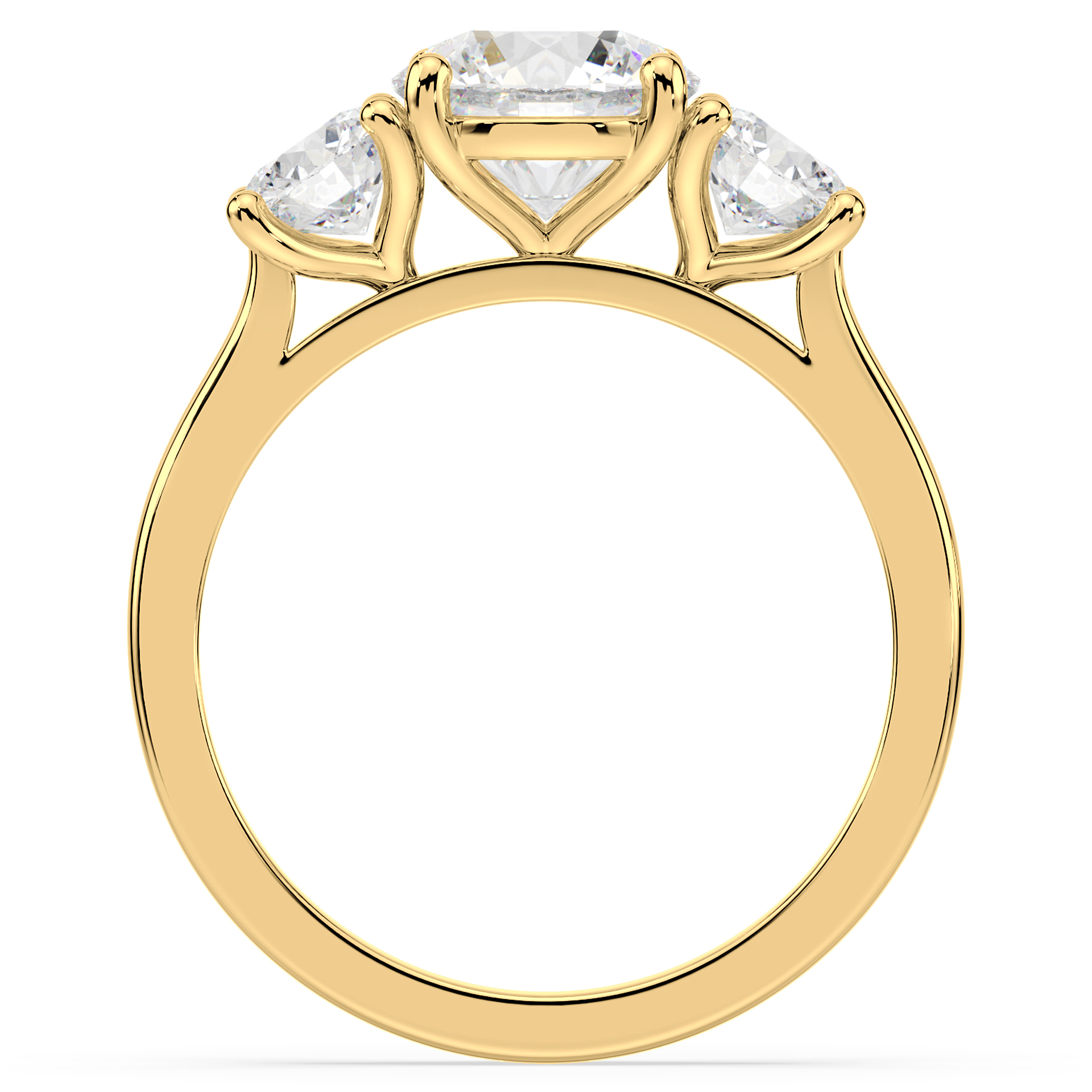 Diamond trilogy engagement ring three round diamonds in yellow gold front view
