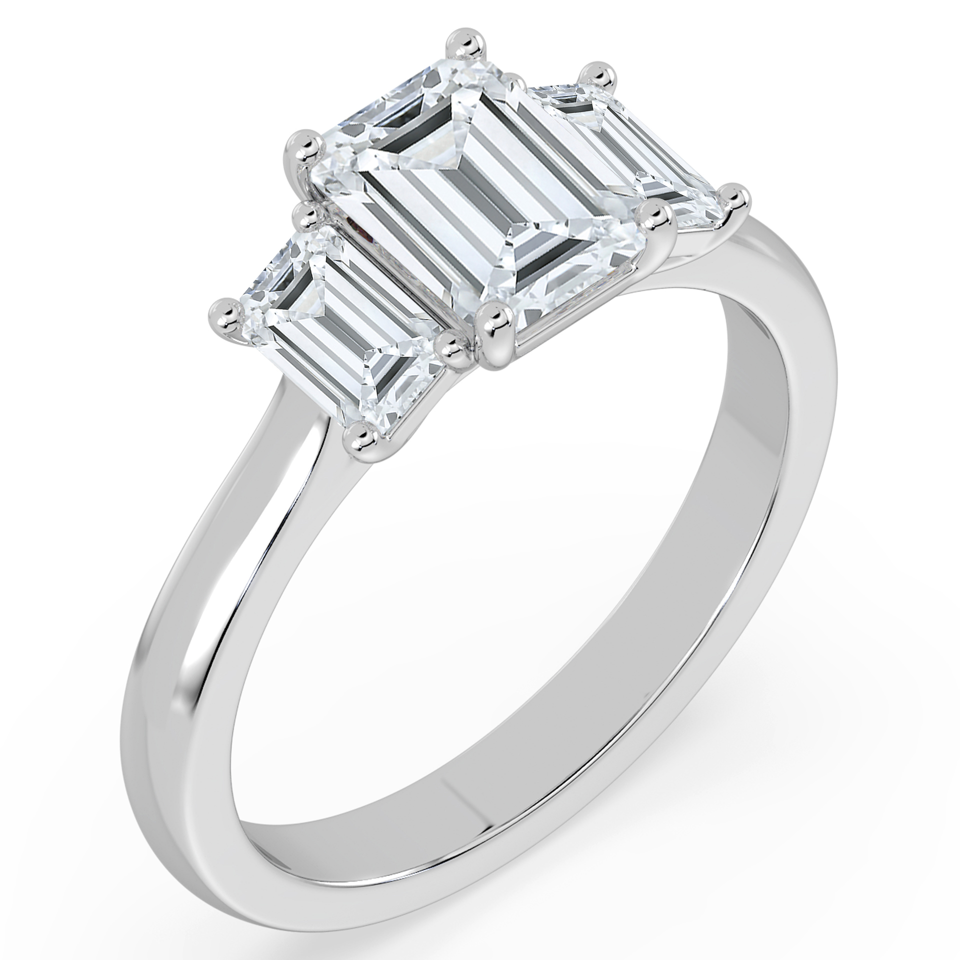 Platinum three stone emerald cut diamond trilogy engagement ring