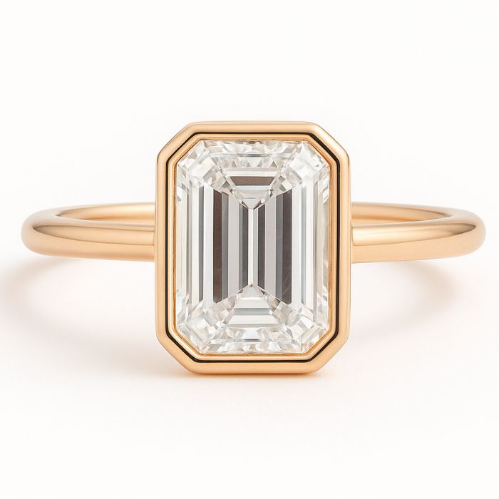 Bezel set diamond engagement ring with a emerald cut diamond in rose gold