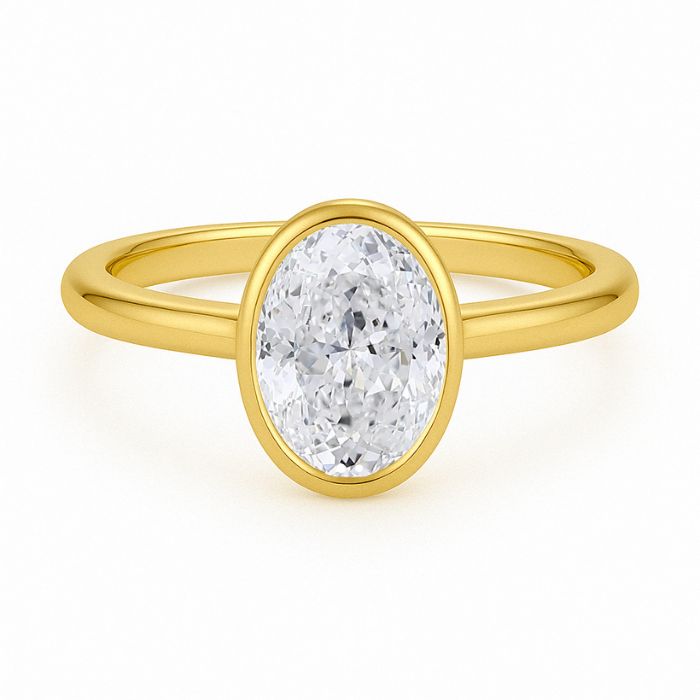 Bezel set diamond engagement ring with a oval brilliant cut diamond in yellow gold
