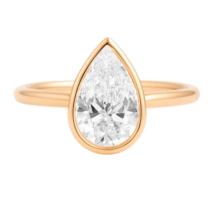 Bezel set diamond engagement ring with a pear brilliant cut diamond in rose gold