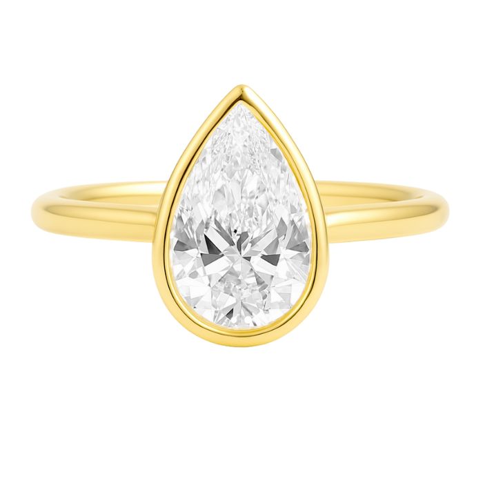 Bezel set diamond engagement ring with a pear brilliant cut diamond in yellow gold