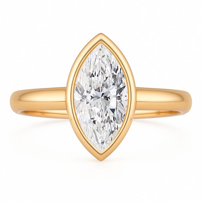 Bezel set diamond engagement ring with marquise diamond in rose gold