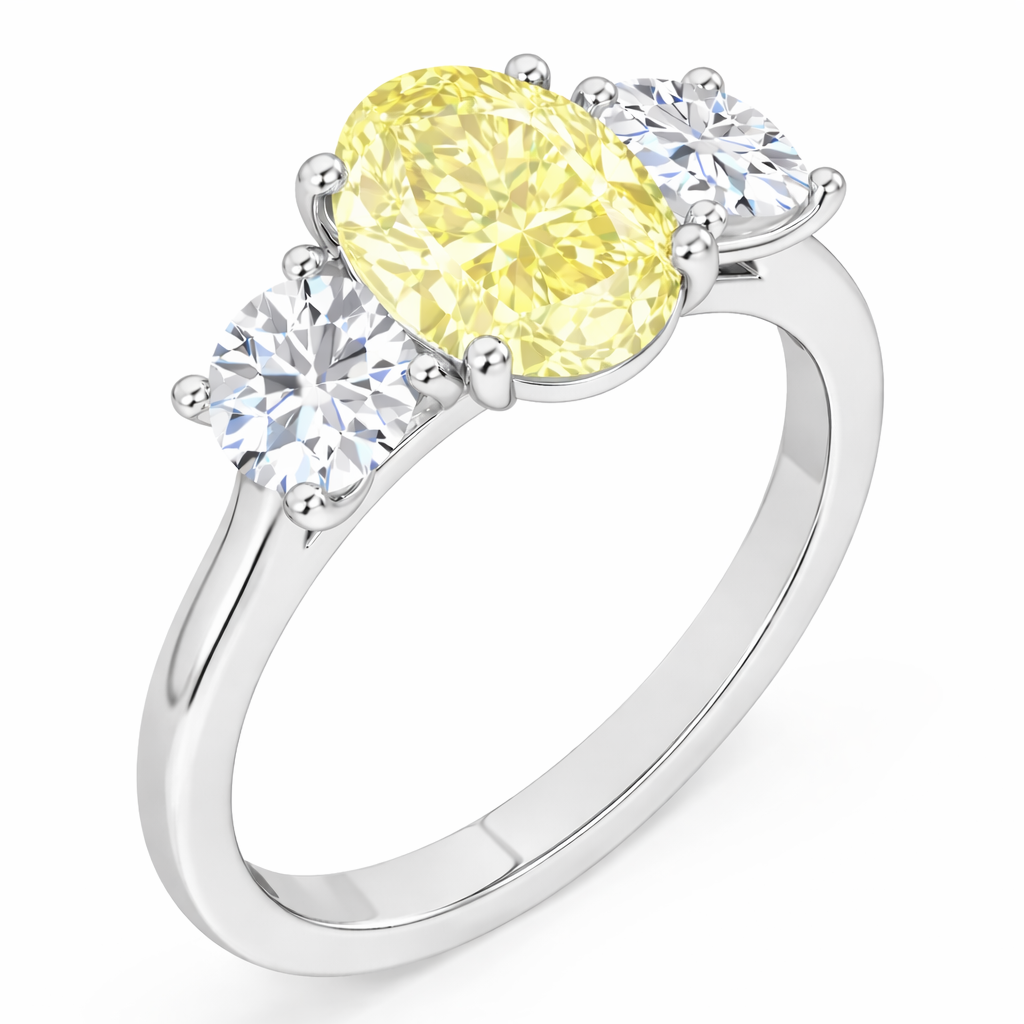 platinum Diamond Ring Trilogy - Fancy light oval yellow diamond front view