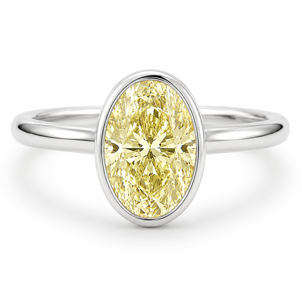 Bezel set oval cut yellow diamond lab grown engagement ring